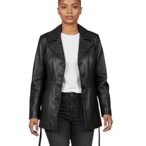 Jacqueline Ferrar Black Genuine Leather Longline Jacket Y2K Fitted Belted Coat M
